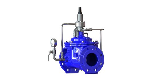 Válvula de manutenção de pressão com pressão máxima PN25, temperatura de funcionamento de 0 a 80 °C e ligação de flange para controlo de fluidos industriais
